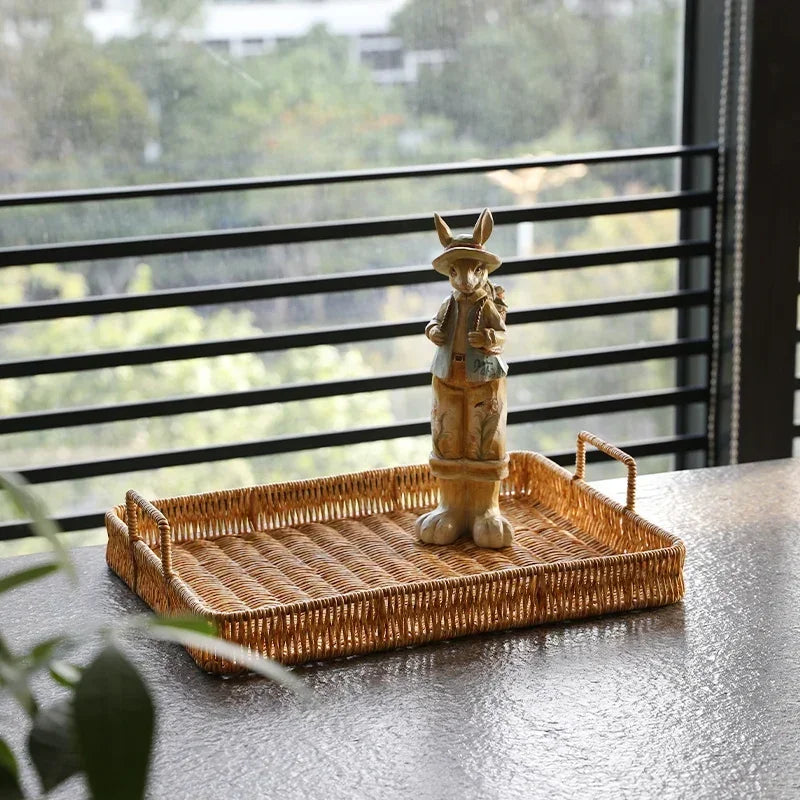 Bandeja Estilo Rattan com Alças para Servir Decorar e Organizar Lenogue