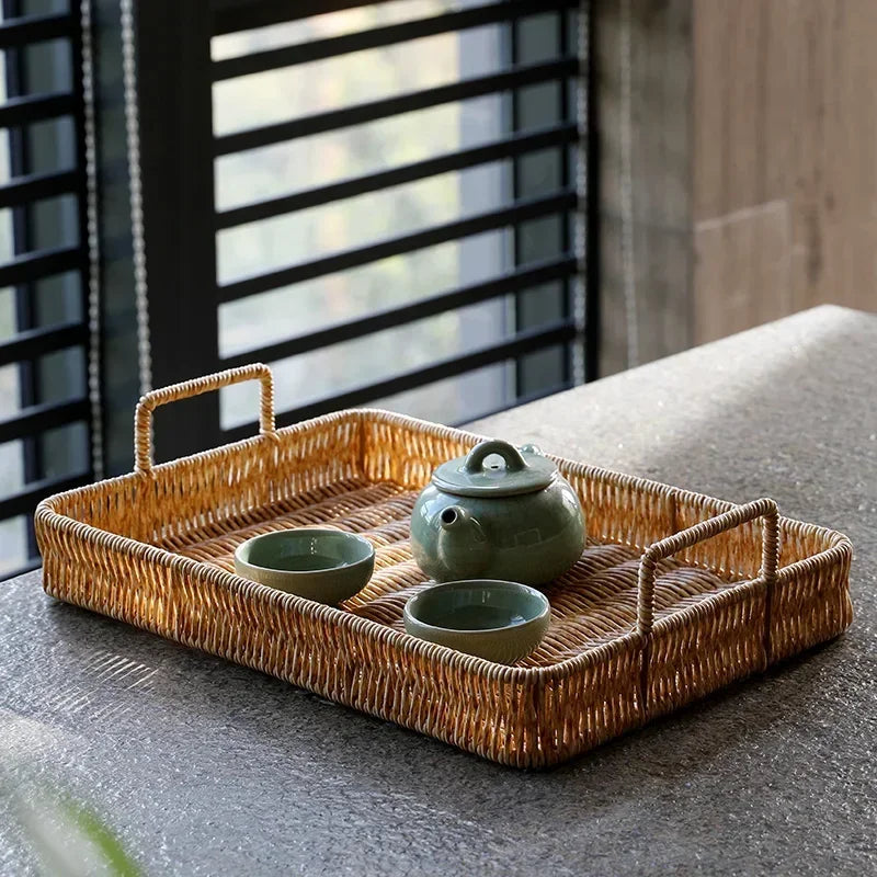 Bandeja Estilo Rattan com Alças para Servir Decorar e Organizar Lenogue p (29 x 20,5cm)