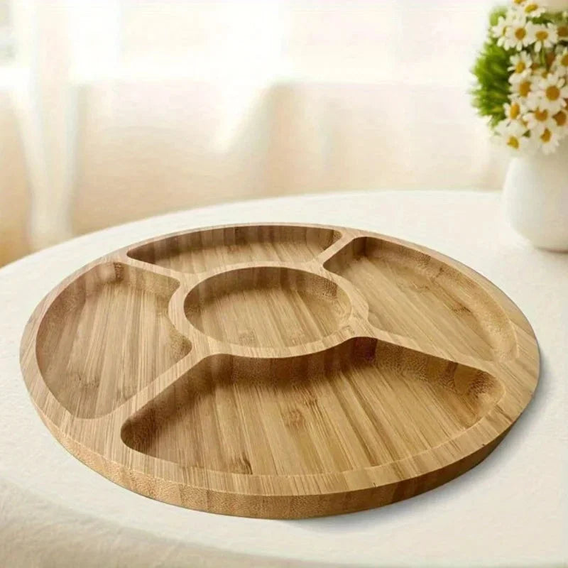 Bandeja Redonda de Bambu com Divisórias para Servir e Decorar Lenogue Madeira Natural