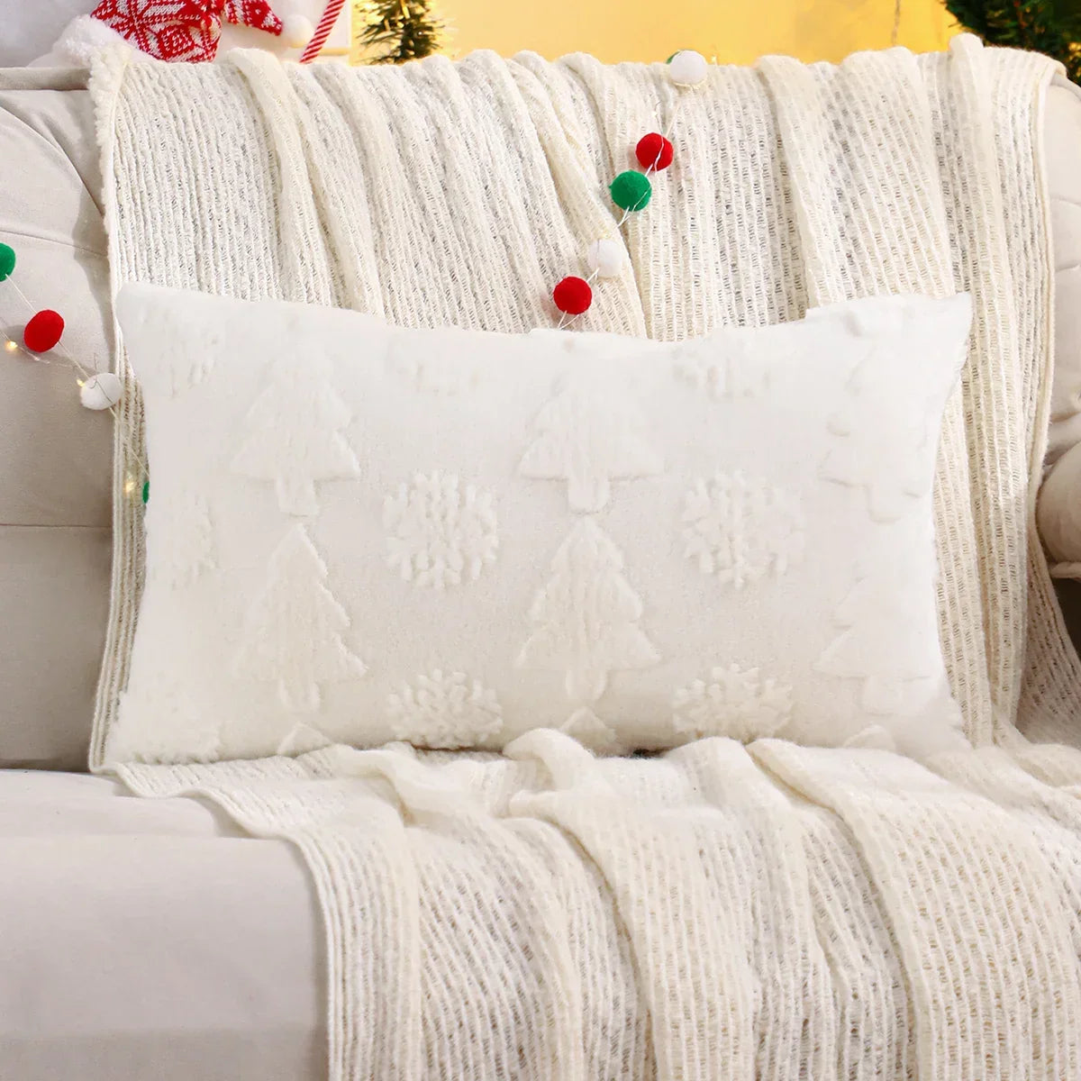 Capa de Almofada Natalina Plush Jacquard Floco Neve Lenogue