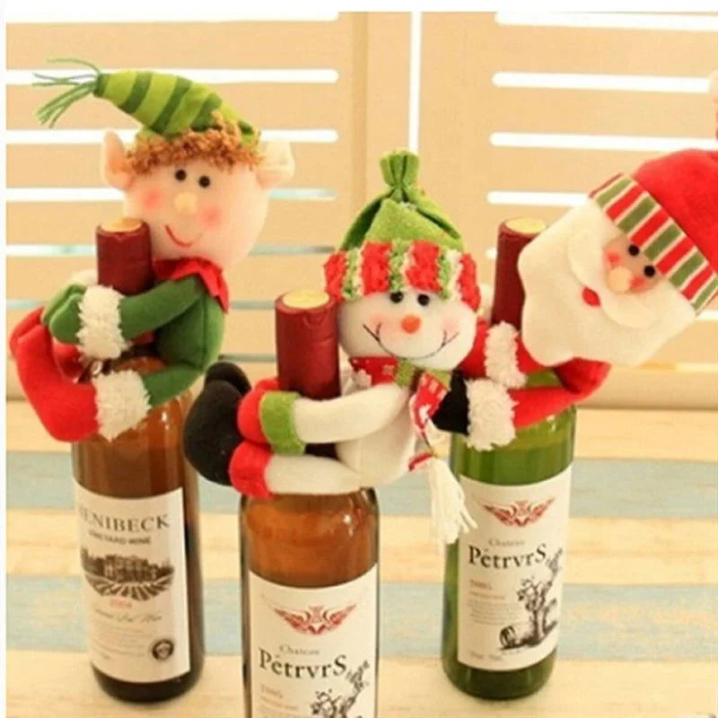 Capa para Garrafa de Vinho Natalina com Papai Noel e Boneco Neve Lenogue
