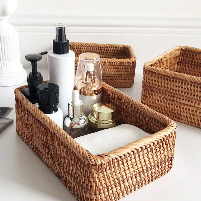 Cesto Organizador de Palha Rattan Feito à Mão para Decoração Natural Lenogue