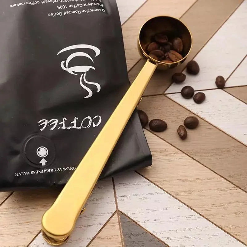 Colher Multifuncional para Café Inox com Prendedor de Embalagem Lenogue Dourada