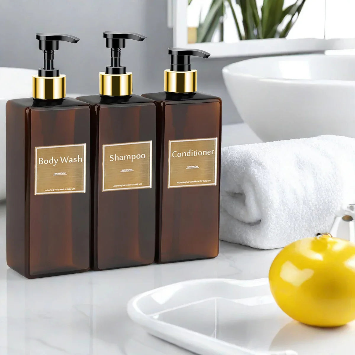 Conjunto Dispenser Refilável para Sabonete e Shampoo Lenogue Marrom