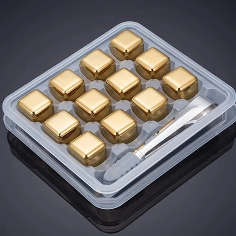 Cubos de Gelo Aço Inox Dourado com Pegador Lenogue 12