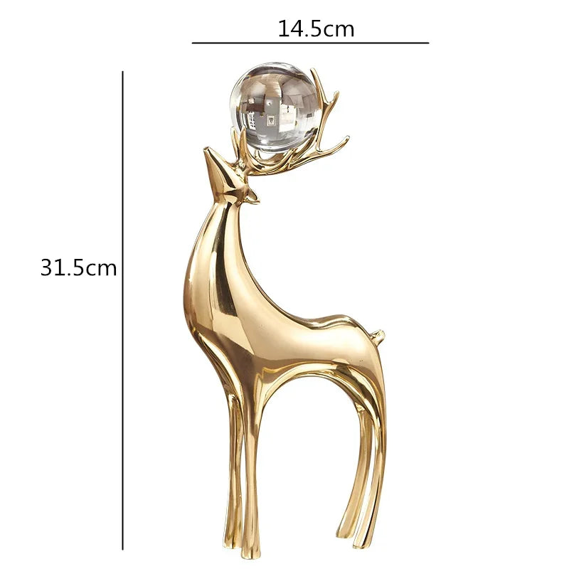 Escultura de Cervo Dourado com Bola Cristal para Sala e Escritório Lenogue