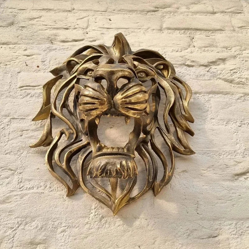 Escultura de Parede Cabeça Leão Dourada em Alto Relevo Lenogue Dourado