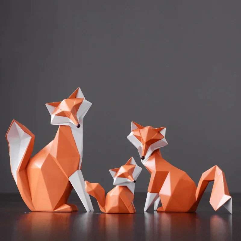 Escultura de Raposa Geométrica em Resina Decorativa para Sala e Escritório Lenogue Conj. 3 Peças