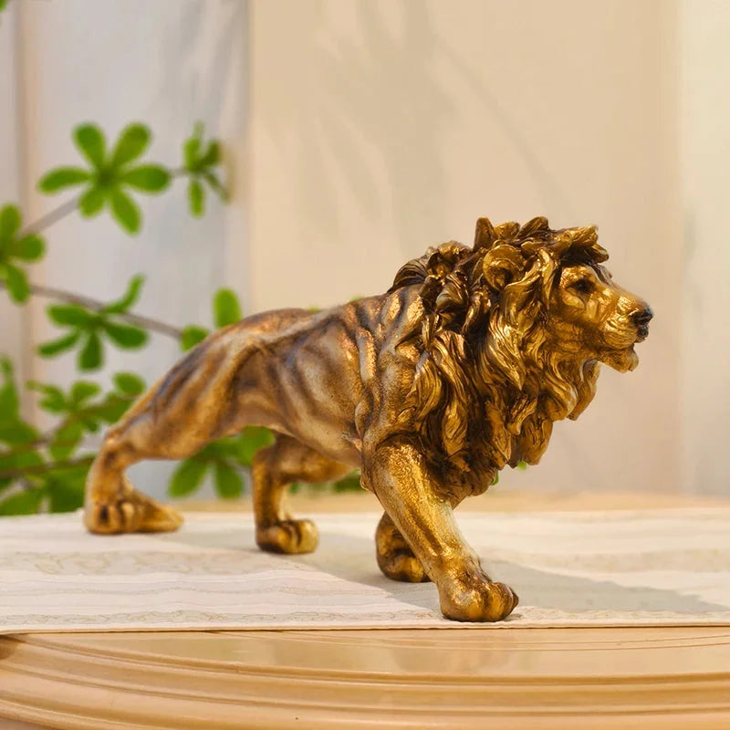 Estátua de Leão Dourado em Resina para Decoração Lenogue