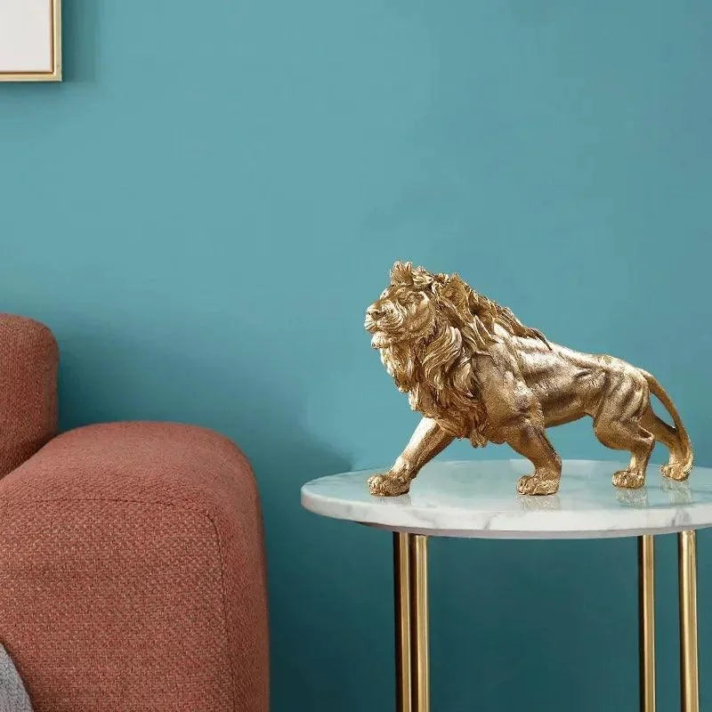 Estátua de Leão Dourado em Resina para Decoração Lenogue