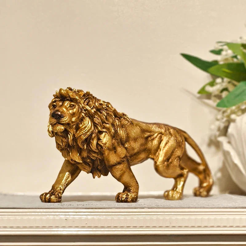 Estátua de Leão Dourado em Resina para Decoração Lenogue
