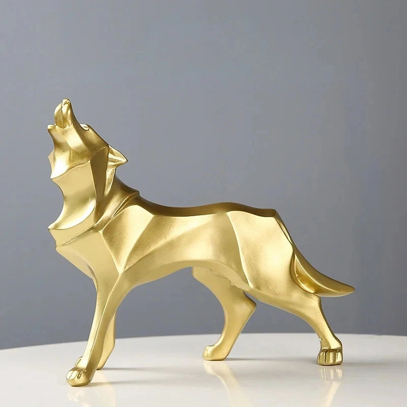 Estátua de Lobo Geométrico em Resina Estilo Nórdico Lenogue Dourado