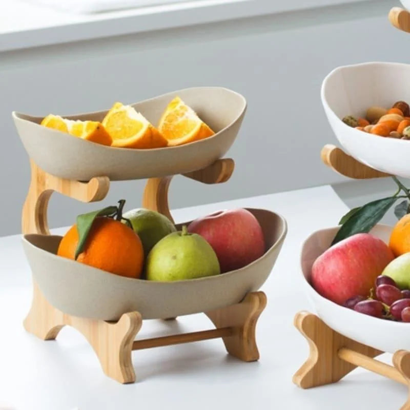 Fruteira de Bambu Natural Cestas Empilháveis para Organizar Frutas Lenogue Bege (2 Camadas)