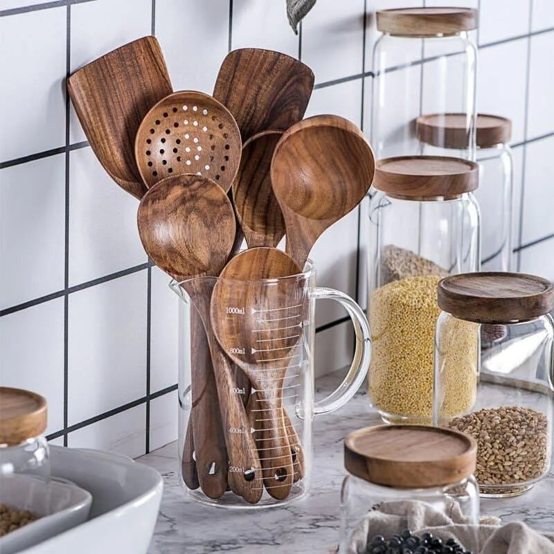 Kit Utensílios de Cozinha 7 Peças em Madeira Teca Lenogue (conj. Peças)