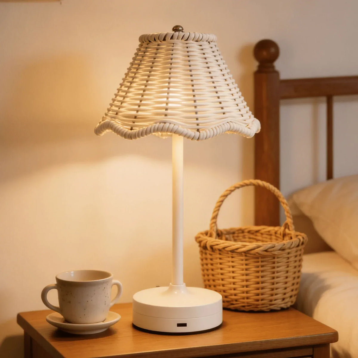 Luminária de Mesa Rattan Rotin sem Fio Brilho Ajustável Lenogue Branco