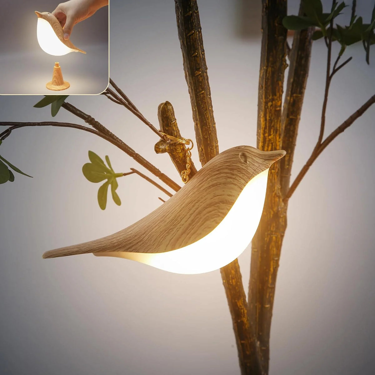 Luminária Led de Madeira Pássaro com Toque para Quarto Lenogue Natural