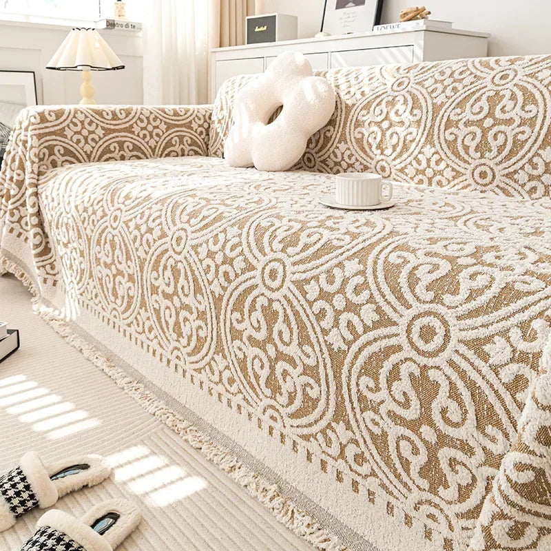 Manta de Pelúcia Espessa Boho para Sofá Bege e Branco Lenogue / 180 x 90cm