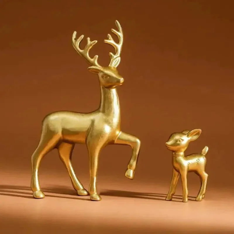 Par de Esculturas Rena em Resina para Decoração Natal Lenogue Dourado