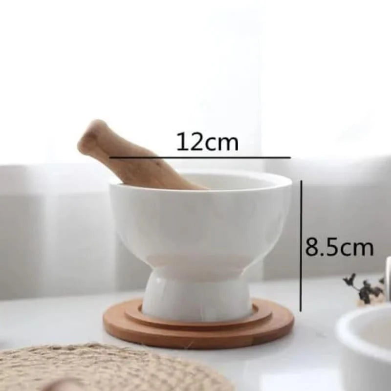 Pilão e Macerador de Cerâmica com Base Madeira para Cozinha Lenogue