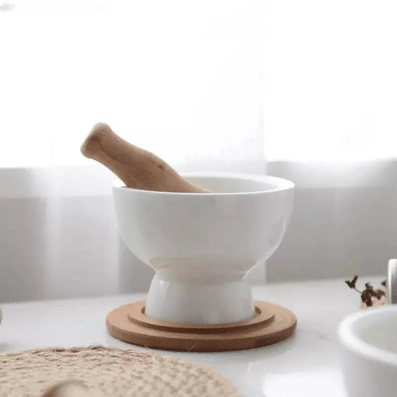 Pilão e Macerador de Cerâmica com Base Madeira para Cozinha Lenogue Médio