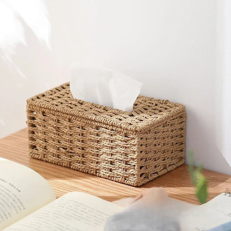 Porta-lenços Decorativo Tissé Textura Rattan Estrutura Metal Lenogue