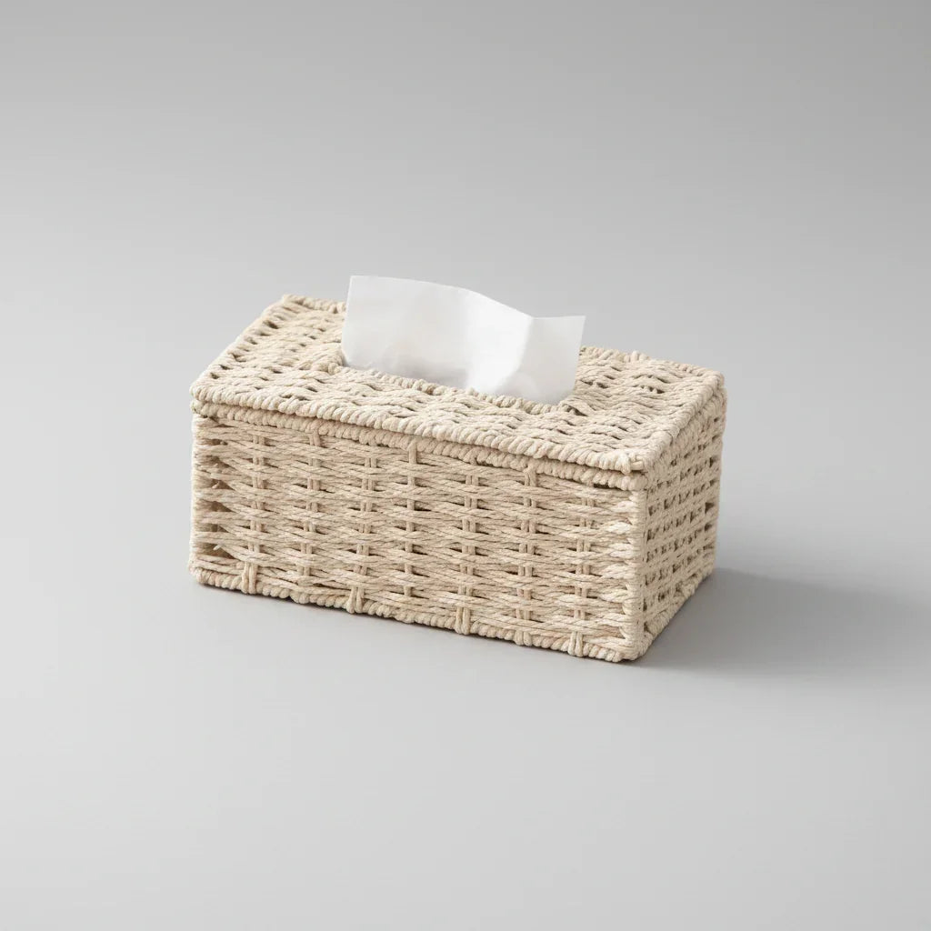 Porta-lenços Decorativo Tissé Textura Rattan Estrutura Metal Lenogue Bege