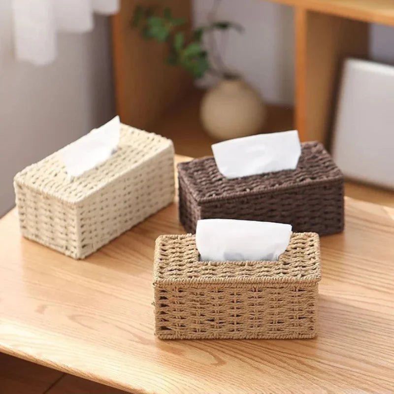 Porta-lenços Decorativo Tissé Textura Rattan Estrutura Metal Lenogue