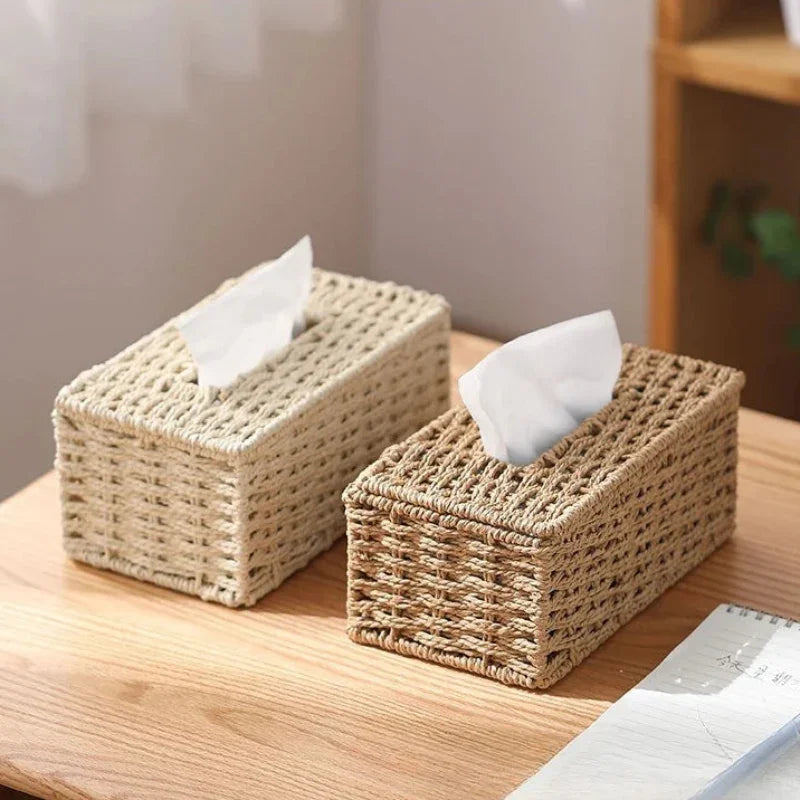 Porta-lenços Decorativo Tissé Textura Rattan Estrutura Metal Lenogue