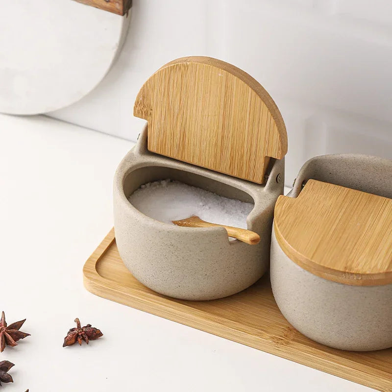 Pote de Temperos Cerâmica Estilo Japonês com Tampa Bambu Lenogue
