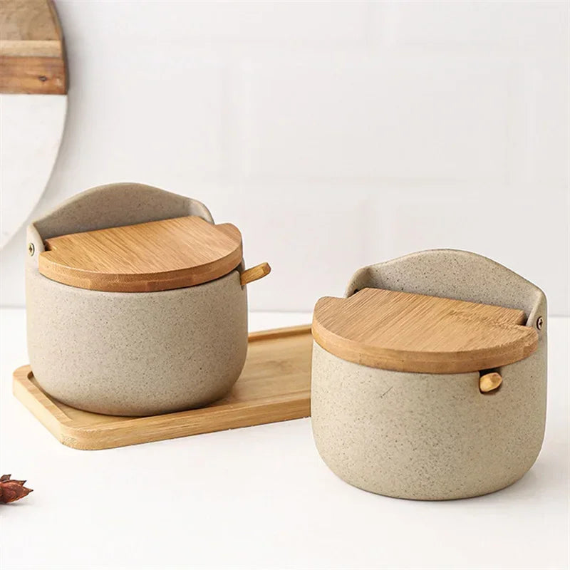 Pote de Temperos Cerâmica Estilo Japonês com Tampa Bambu Lenogue Bege (2 Peças)