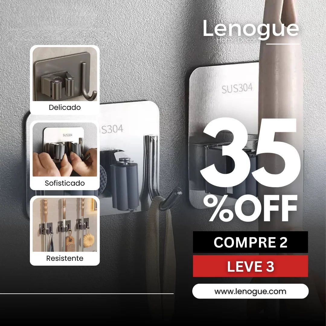 Suporte de Vassoura Adesivo Parede em Aço Inox com Gancho Lenogue Preto / Compre 2 e Leve 3
