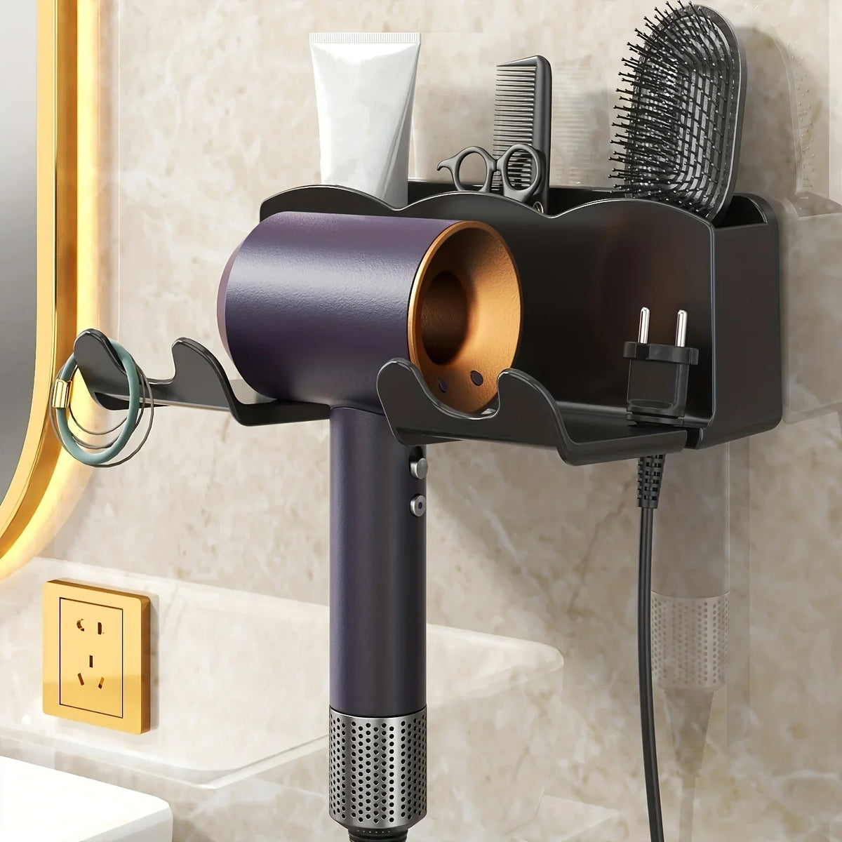 Suporte para Secador de Cabelo sem Perfuração Fixação Adesiva Lenogue Preto