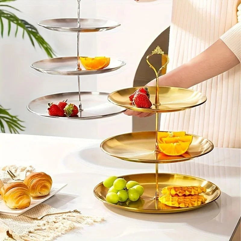 Bandeja de Aço Inoxidável com 3 Andares para Servir e Decorar Lenogue Dourado - Camadas