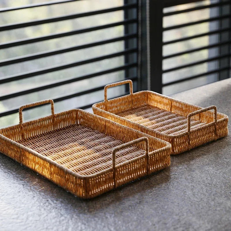 Bandeja Estilo Rattan com Alças para Servir Decorar e Organizar Lenogue