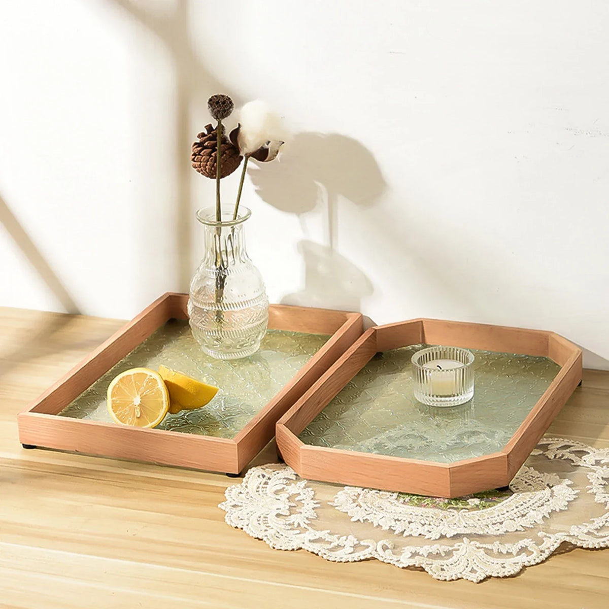 Bandeja Organizador de Vidro com Base Floral para Copos e Lanches Lenogue