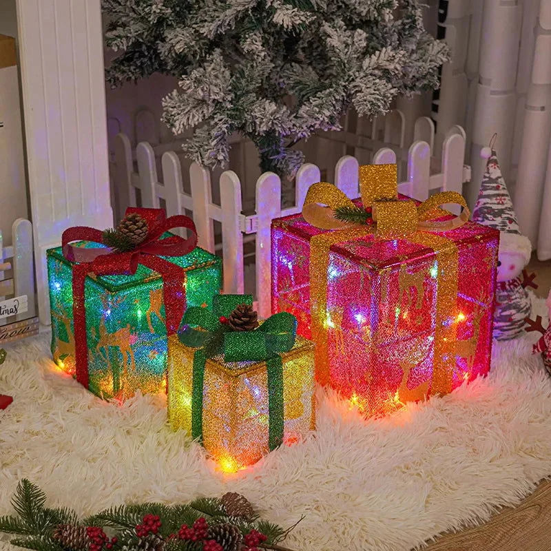 Caixa de Presente Iluminada com Laço para Decoração Natalina Lenogue 3 Peças Rena