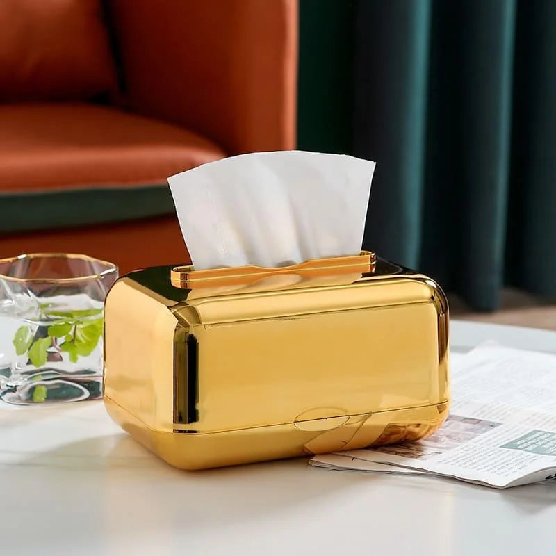 Caixa Porta-lenço e Papel Cromada para Decoração Organização Lenogue Dourado