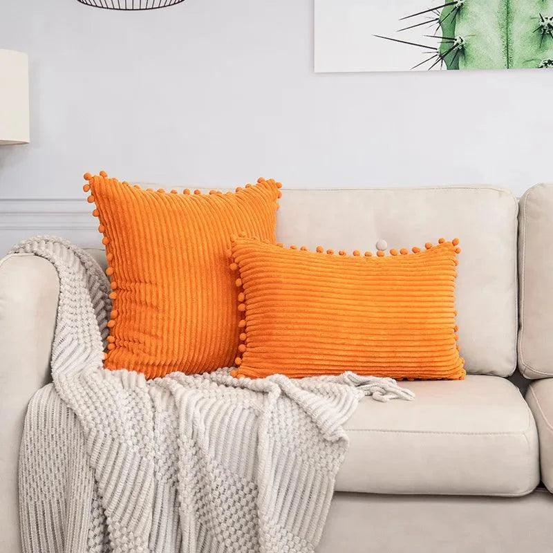 Capa de Almofada Listrada em Veludo Cotelê para Decoração Lenogue Laranja / 30 x 50 Cm
