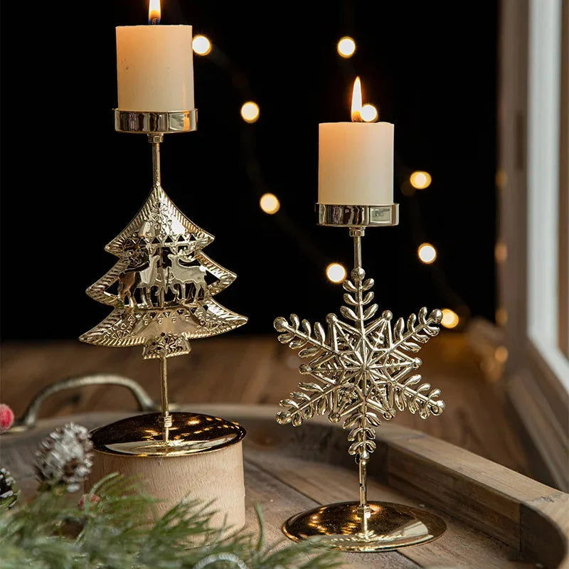 Castiçal de Ferro Dourado com Estrela e Rena Decoração Natal Lenogue 2 Peças (árvore Floco Neve)