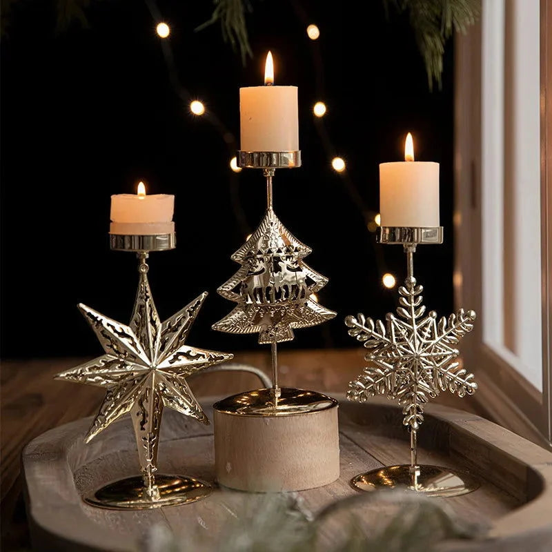Castiçal de Ferro Dourado com Estrela e Rena Decoração Natal Lenogue 3 Peças (árvore - Floco Neve - 8 Pontas)