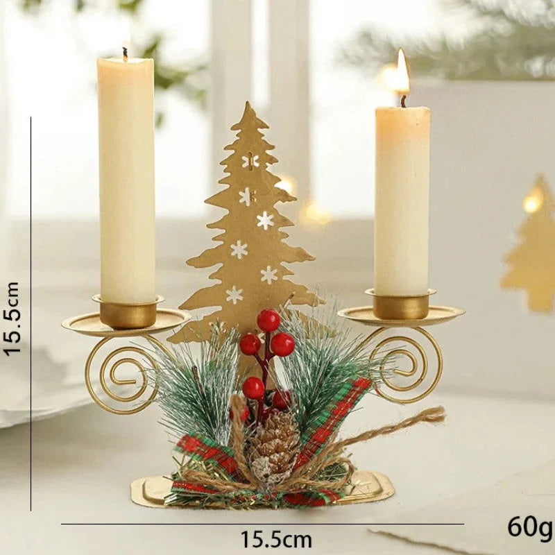 Castiçal de Ferro Dourado com Papai Noel e Rena Decoração Natal Lenogue