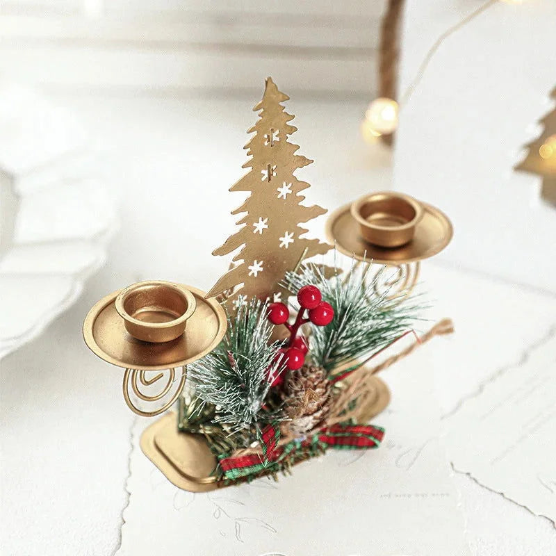 Castiçal de Ferro Dourado com Papai Noel e Rena Decoração Natal Lenogue
