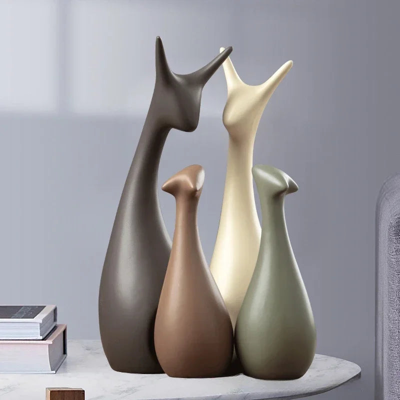 Conjunto de Cerâmica Decorativa para Sala Moderna Trio Cervos Branco Lenogue 4 Peças