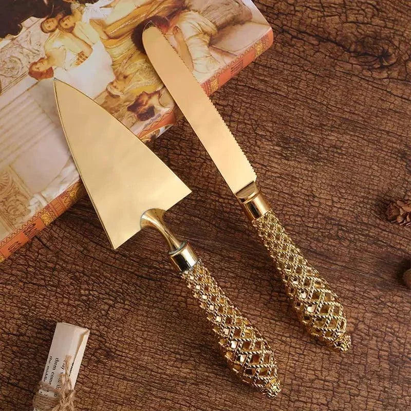 Conjunto de Espátula e Faca Dourada para Bolo Lenogue Dourado / 2 Peças