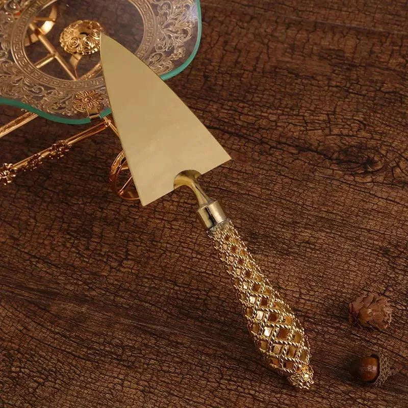 Conjunto de Espátula e Faca Dourada para Bolo Lenogue Dourado / 2 Peças