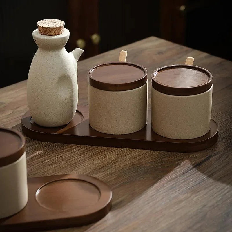 Conjunto de Potes para Temperos Cerâmica Branca Organizador Cozinha Lenogue - 3 Peças