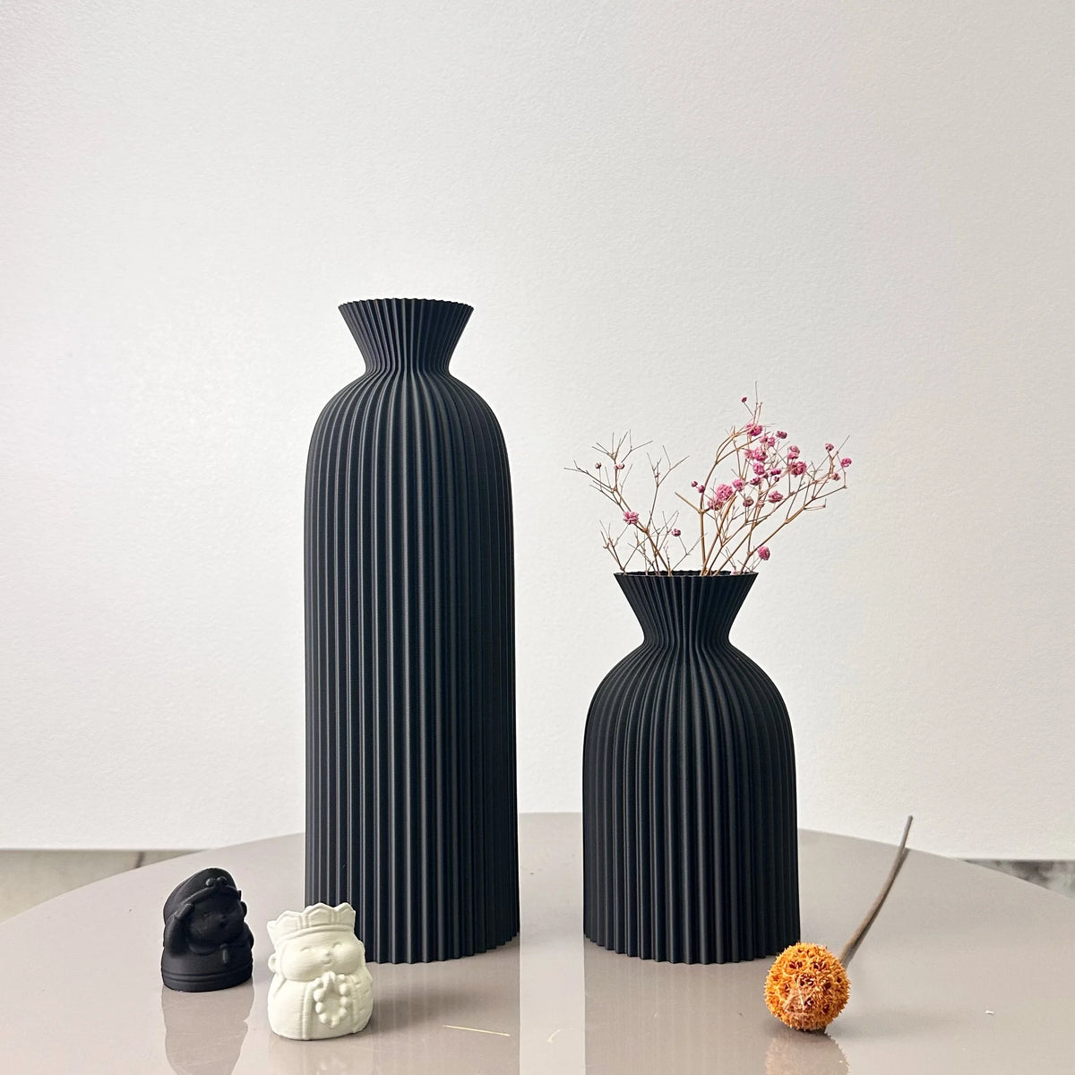 Conjunto Vaso de Arte Élégance Design Ondulado Lenogue Preto (2 Peças)