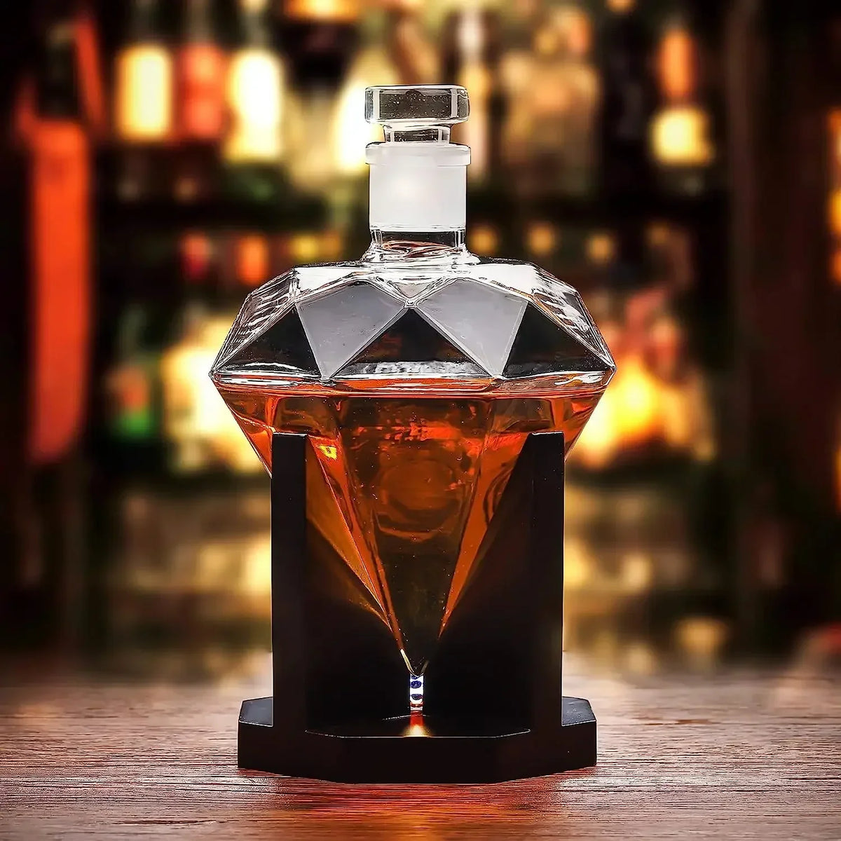 Decanter de Vidro em Formato Diamante com Suporte Madeira Lenogue Transparente