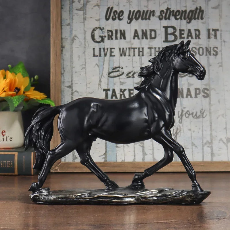 Escultura Cavalo em Resina Estilo Chinês Pose Galope Lenogue Preto