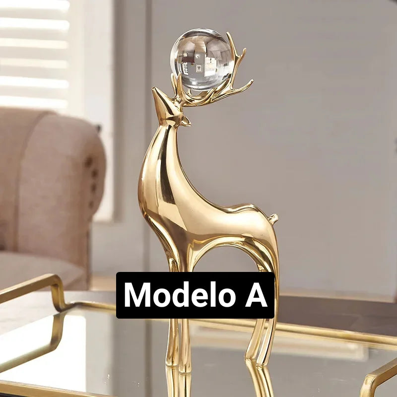 Escultura de Cervo Dourado com Bola Cristal para Sala e Escritório Lenogue Mod.